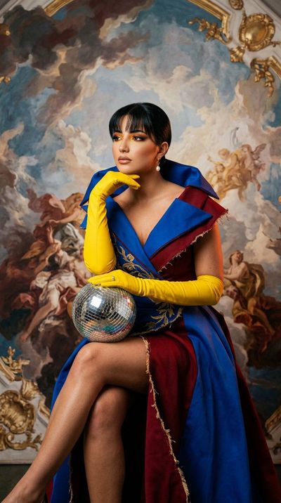 Regal figure seated on plinth with fractured mirror sphere