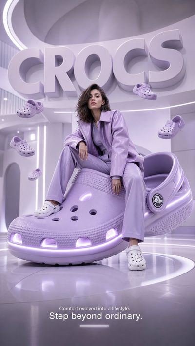 A giant lavender Croc floats in a futuristic lavender studio