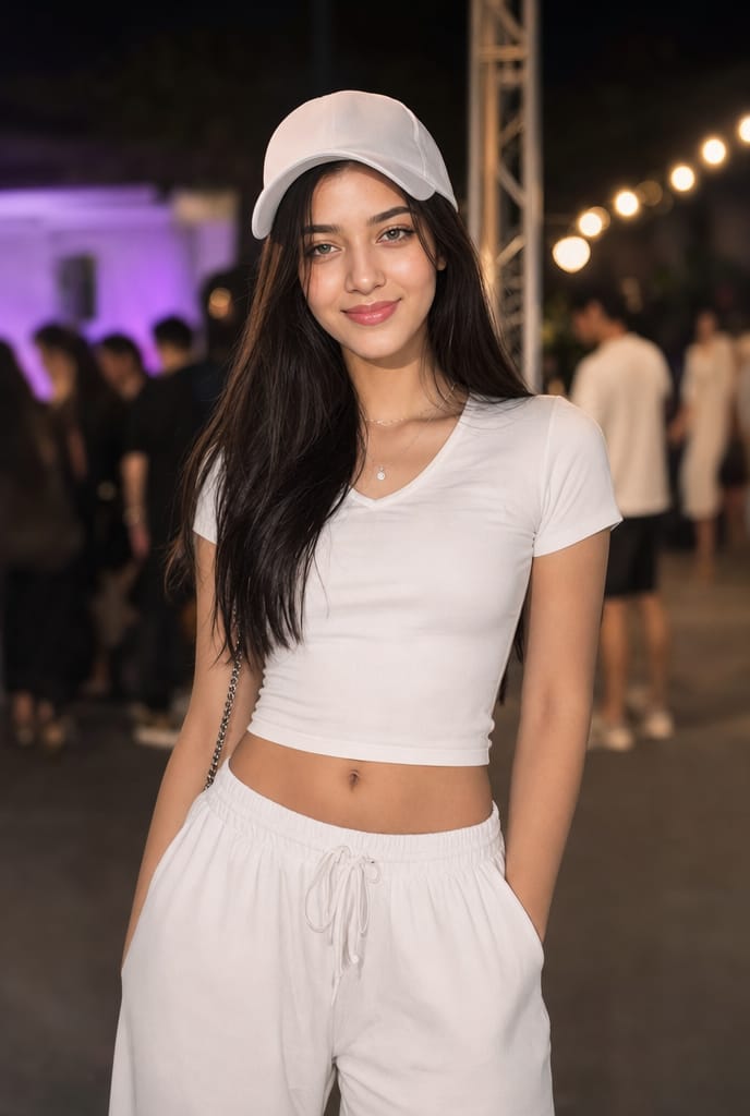 Asian woman in white cap poses at night event with warm lights