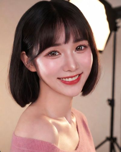 East Asian woman beams in a luminous studio portrait