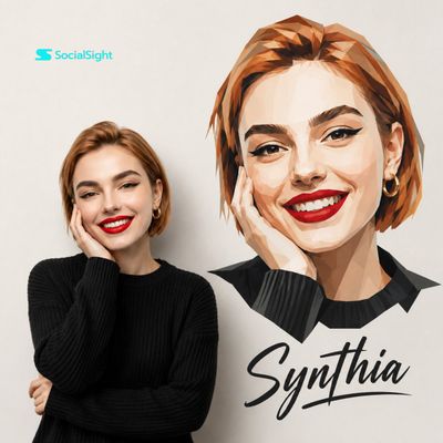Smiling woman in black sweater poses beside geometric self-portrait