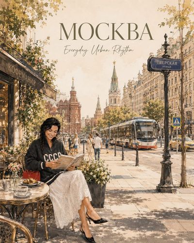 A smiling brunette reads a magazine at a Moscow café