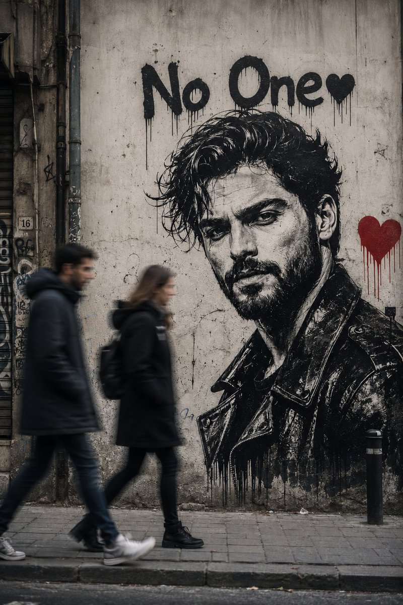 A gritty mural of a bearded man draws pedestrians on a worn wall