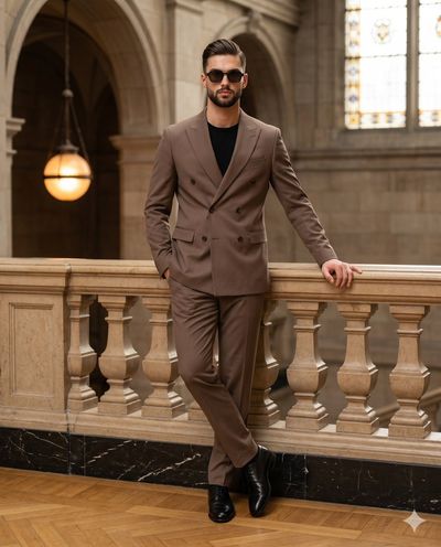 A man in a mocha suit leans on a stone balustrade.