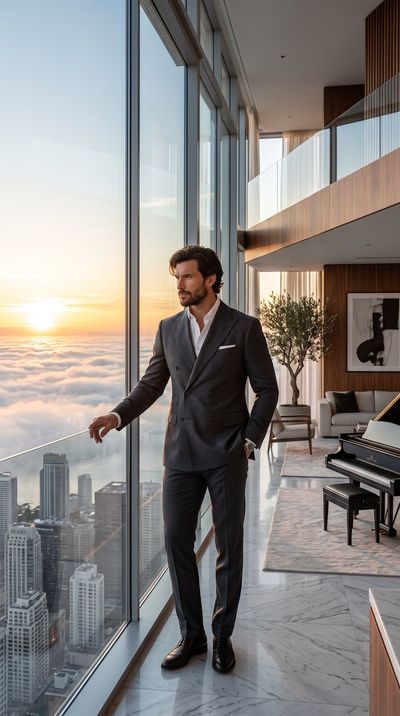 Confident man in charcoal suit stands in luxurious glass penthouse at sunrise