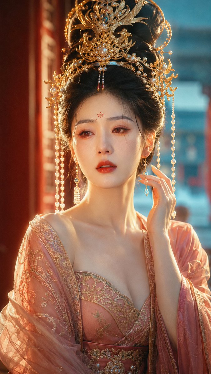 Tang Dynasty Beauty in Rose Pink Robe Gently Touches Pearl Tassels