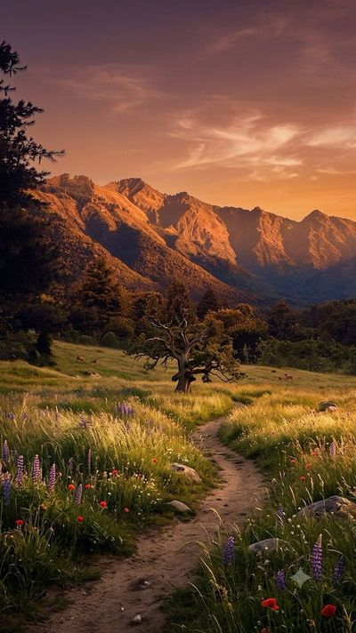 Golden hour illuminates a winding path through wildflower meadow
