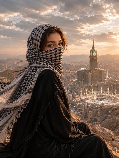 Young Muslim woman in black abaya overlooks Mecca from mountain summit.