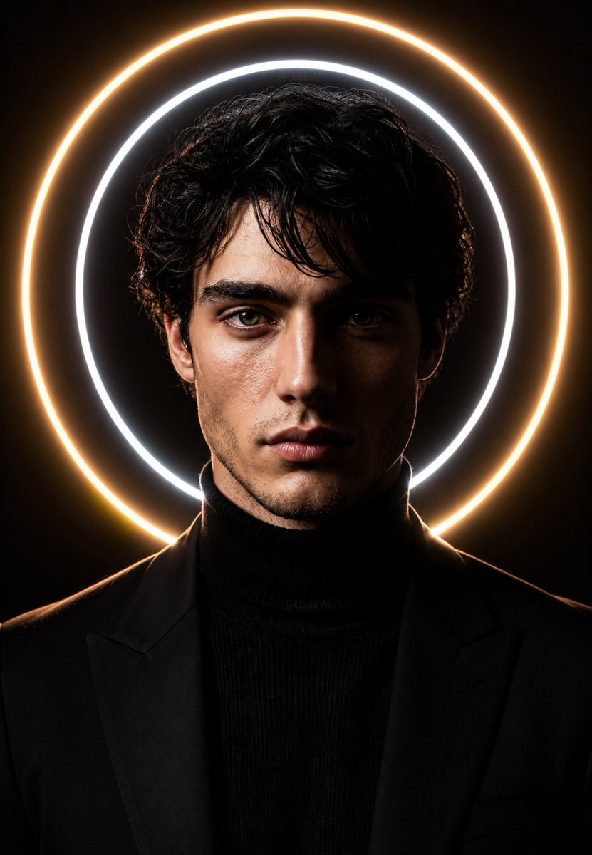 A man with hypnotic gaze stands framed by dual light rings