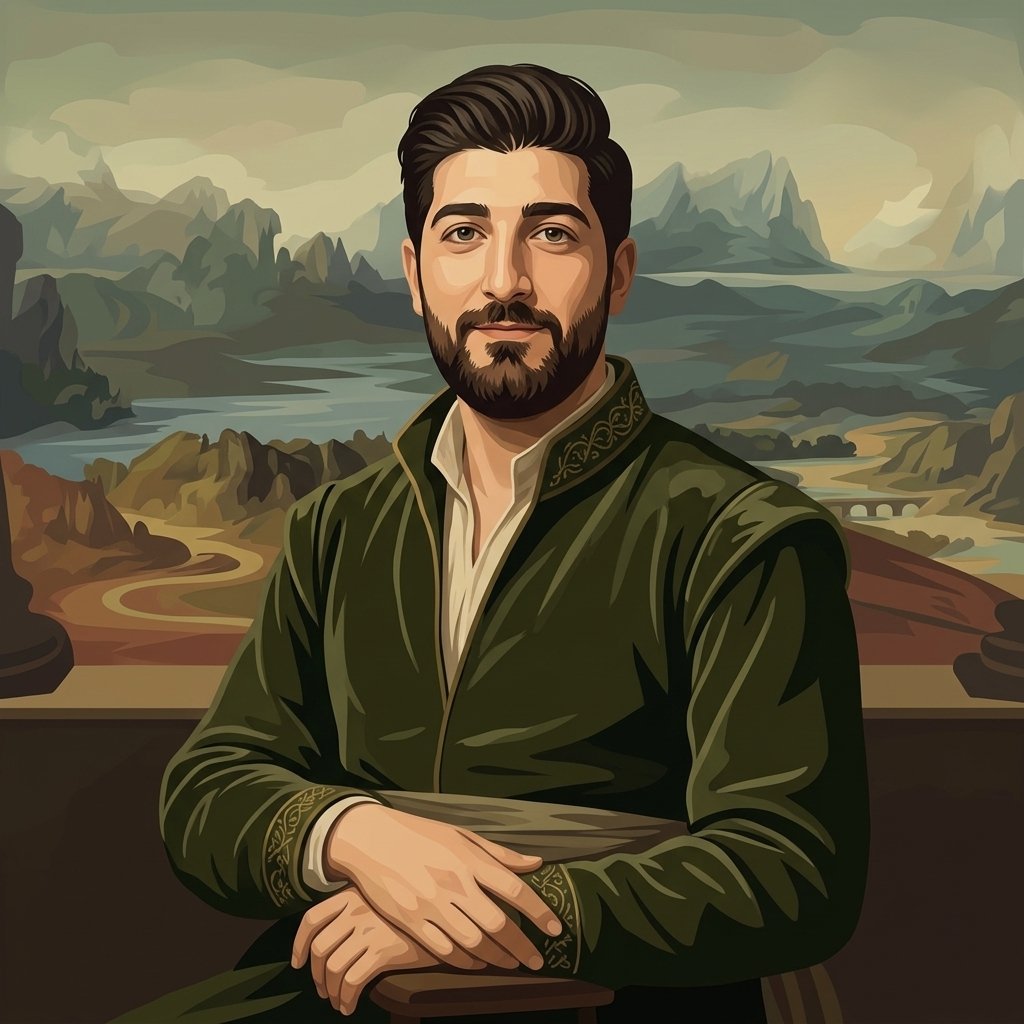 Gender-neutral Mona Lisa poses in a panoramic landscape with rivers.