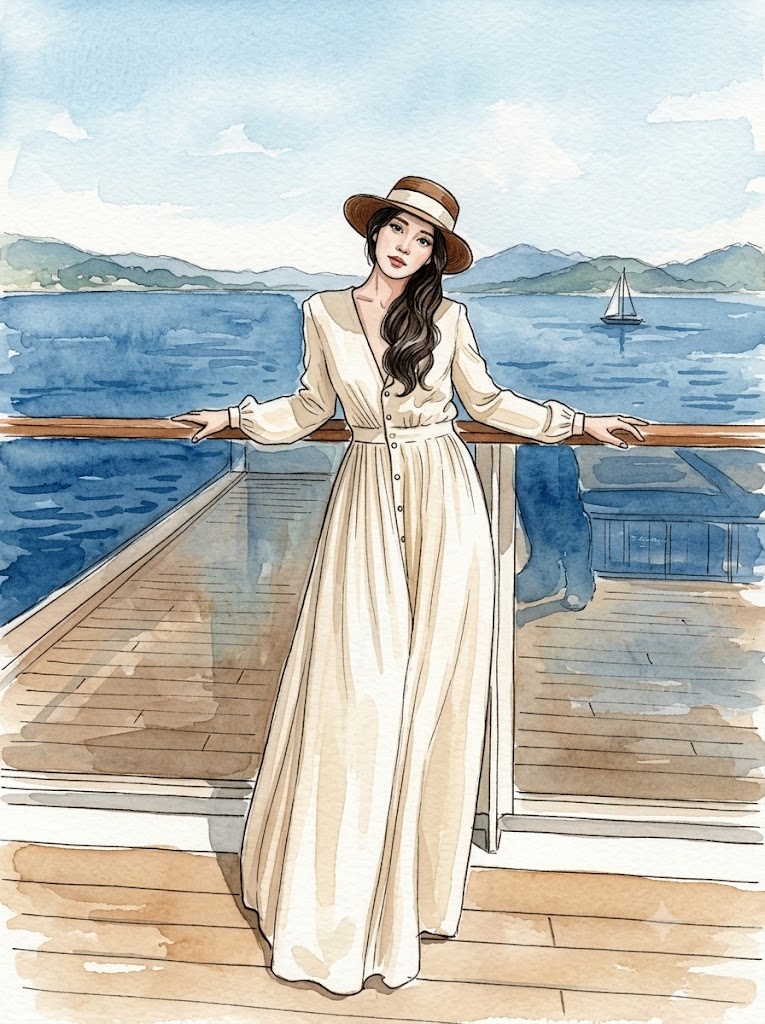 Elegant woman in cream dress leans on cruise ship railing