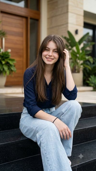 Young woman with dark hair smiles on stone steps in daylight.