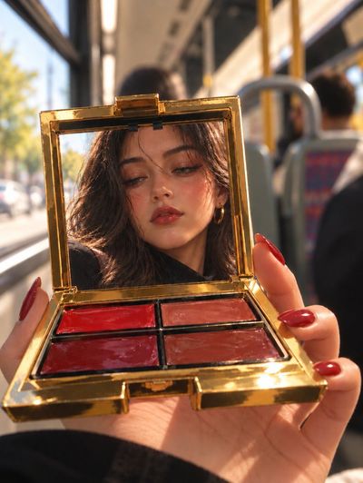 Sunlit bus ride reveals gold compact mirror reflecting dreamy woman's face