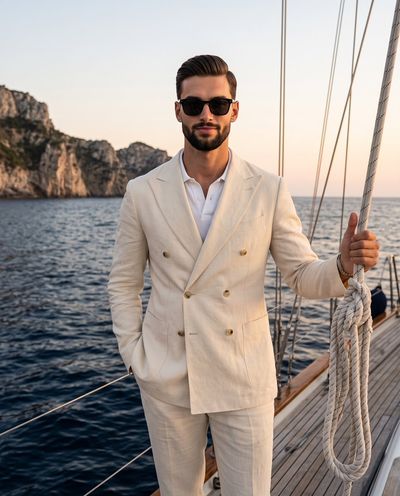 Confident man in cream suit stands on boat deck at sunset