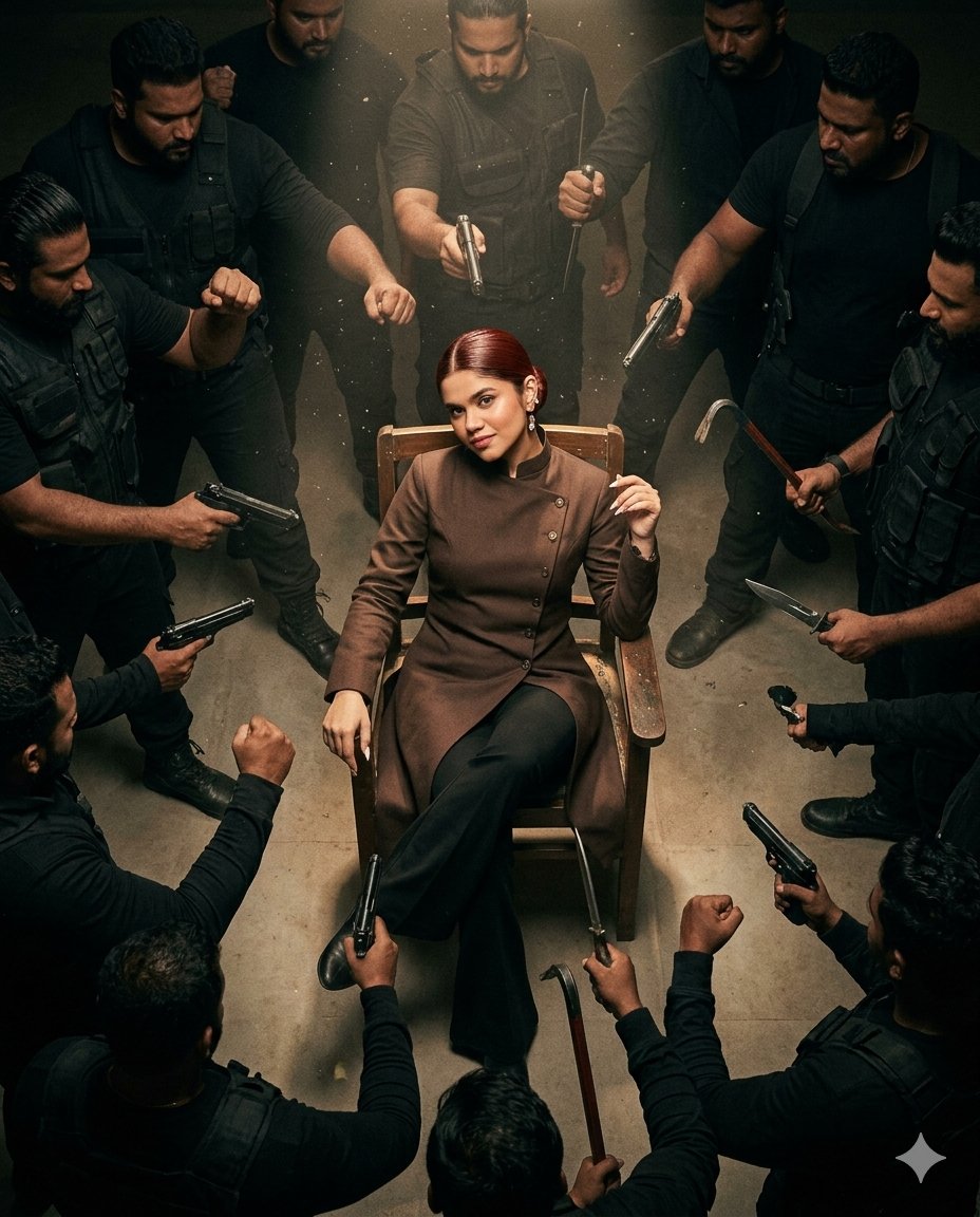A calm woman sits surrounded by armed aggressors in a spotlight