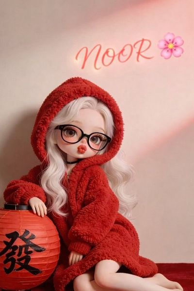 Chibi Girl in Cozy Red Hoodie Beside Glowing Lantern