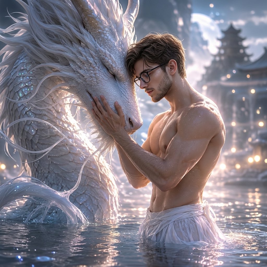 Shirtless man tenderly touches a white dragon's snout in moonlit water