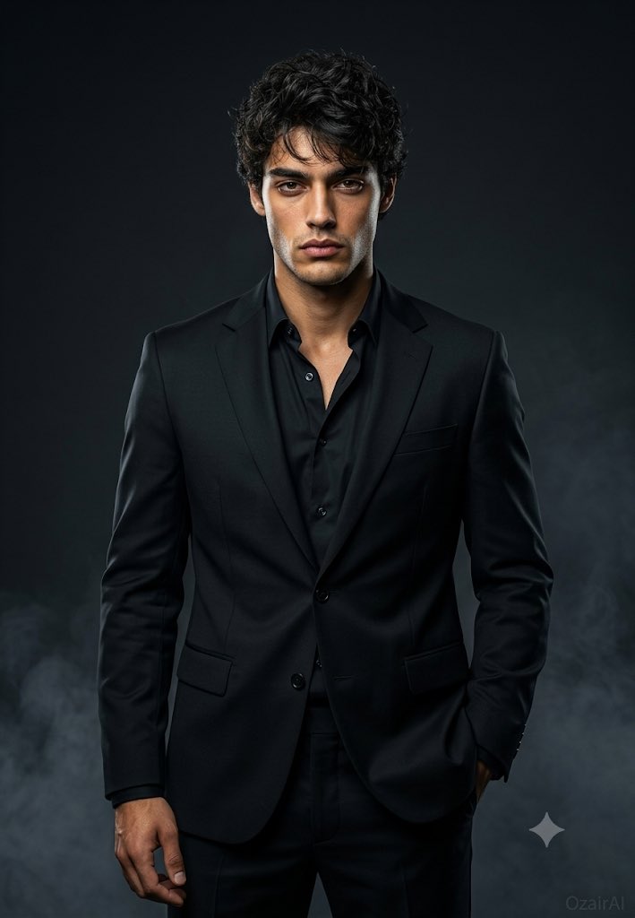 A fearless model in a tailored black suit commands the camera