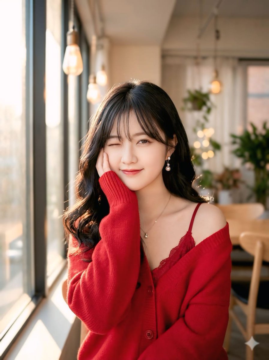 A young woman winks playfully in warm cafe sunlight