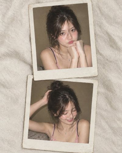 Two Polaroid Portraits Capture Playful Young Woman in Pink Camisole