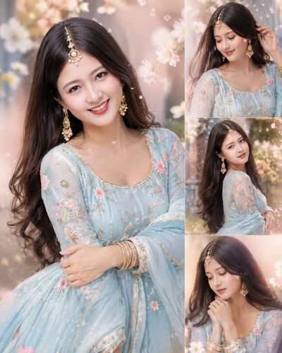 Ethereal woman in floral blue Anarkali dress poses gracefully