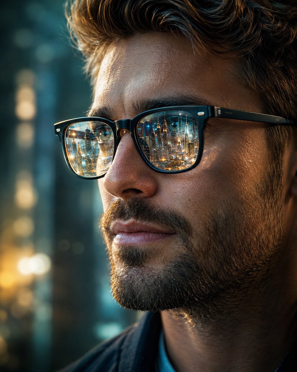 A bearded man's glasses reflect a golden futuristic city skyline