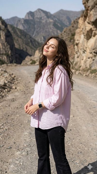 Young woman with closed eyes smiles in sunlit mountain road portrait