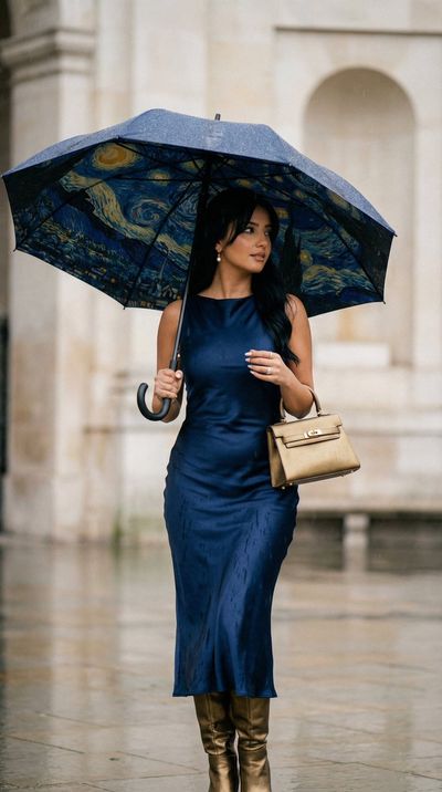 Starry Rain Elegance: A Cinematic Fashion Moment