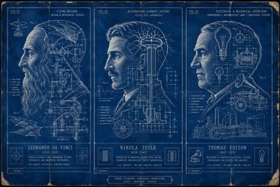 Famous inventors emerge from cyanotype blueprints with mechanical features