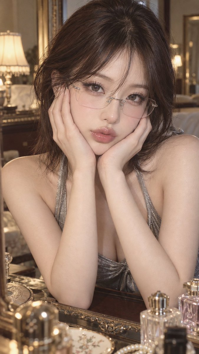 East Asian woman with cat eyes poses at vintage vanity table