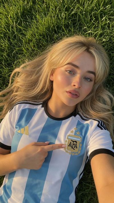 Sabrina Carpenter points to England crest in sunny selfie pose