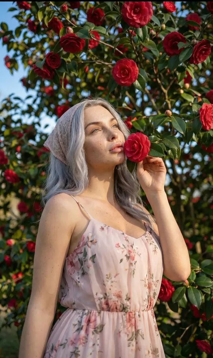 Serene Spring Portrait Beneath Camellias