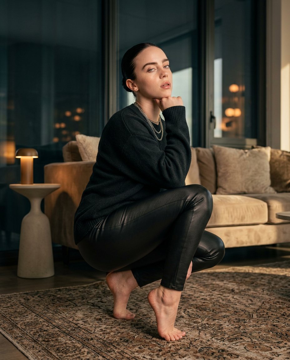 Billie Eilish poses in leather leggings on a plush rug