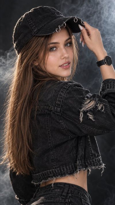 Smoky Punk Portrait: Woman in Denim Cap Gazes Back Intensely