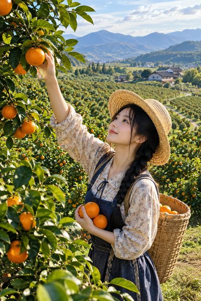 Young girl picks ripe oranges in vast Chinese orchard at golden hour
