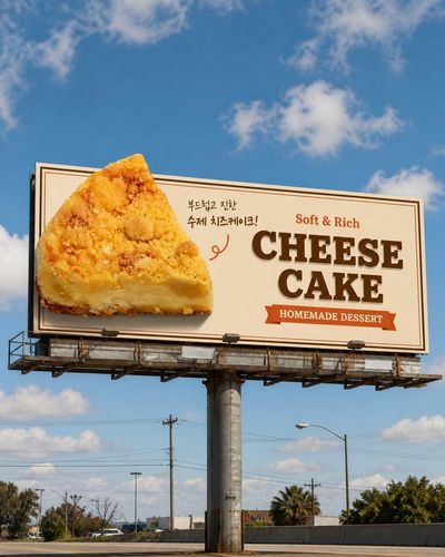 Suburban Cheesecake Billboard in Sunlit Realism