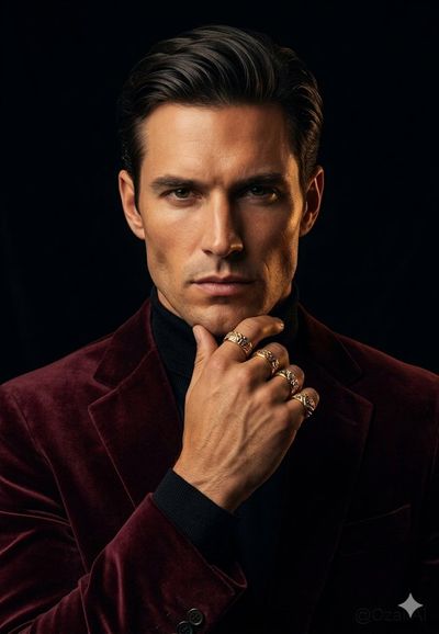 A man in burgundy velvet blazer poses with intense gaze
