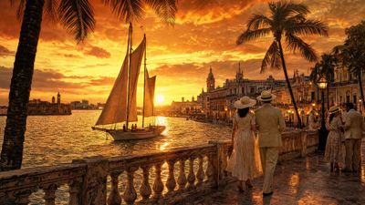 A traditional sailboat glides through golden waters at sunset