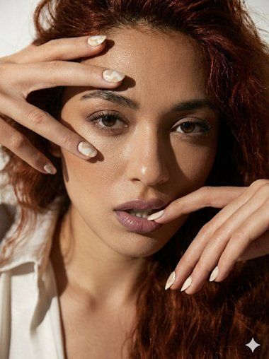 Warm-toned beauty portrait with dramatic shadows and bold nail art