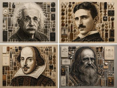 A knolling flat-lay of scientist tools forms Marie Curie's portrait