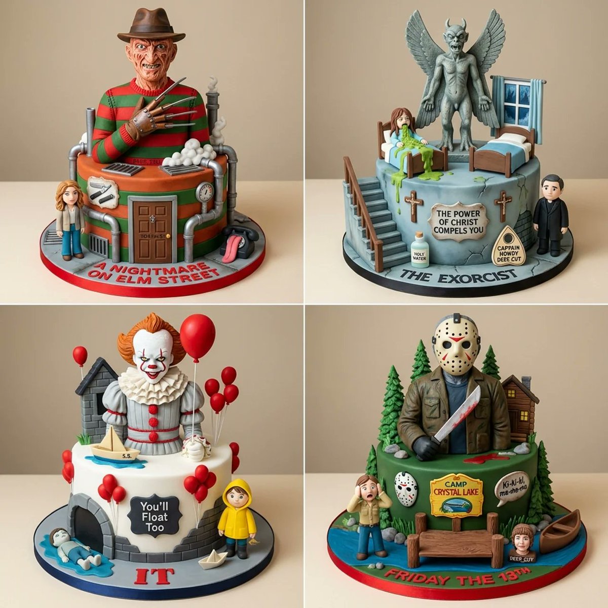 Four horror movie cakes display sculpted heroes on ribboned boards