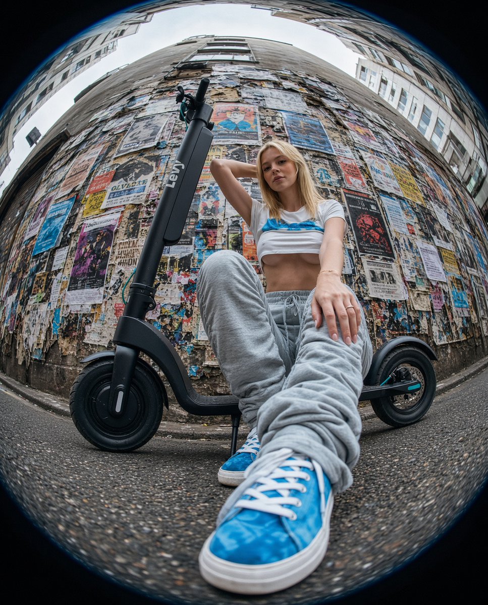 Fisheye lens captures Tokyo alley fashion model from ground level
