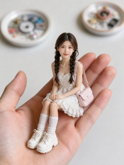 Miniature resin doll version of me sits calmly in a palm