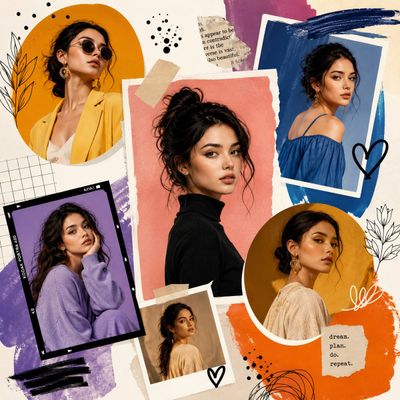 Confident model in black turtleneck poses with layered collage art