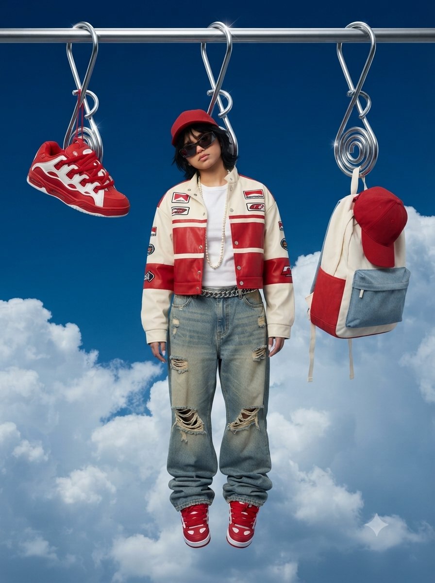 Surreal Fashion Model Hangs from Chrome Hook in Cloudy Blue Sky