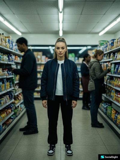 Woman in navy jacket stands centered in late-night convenience store