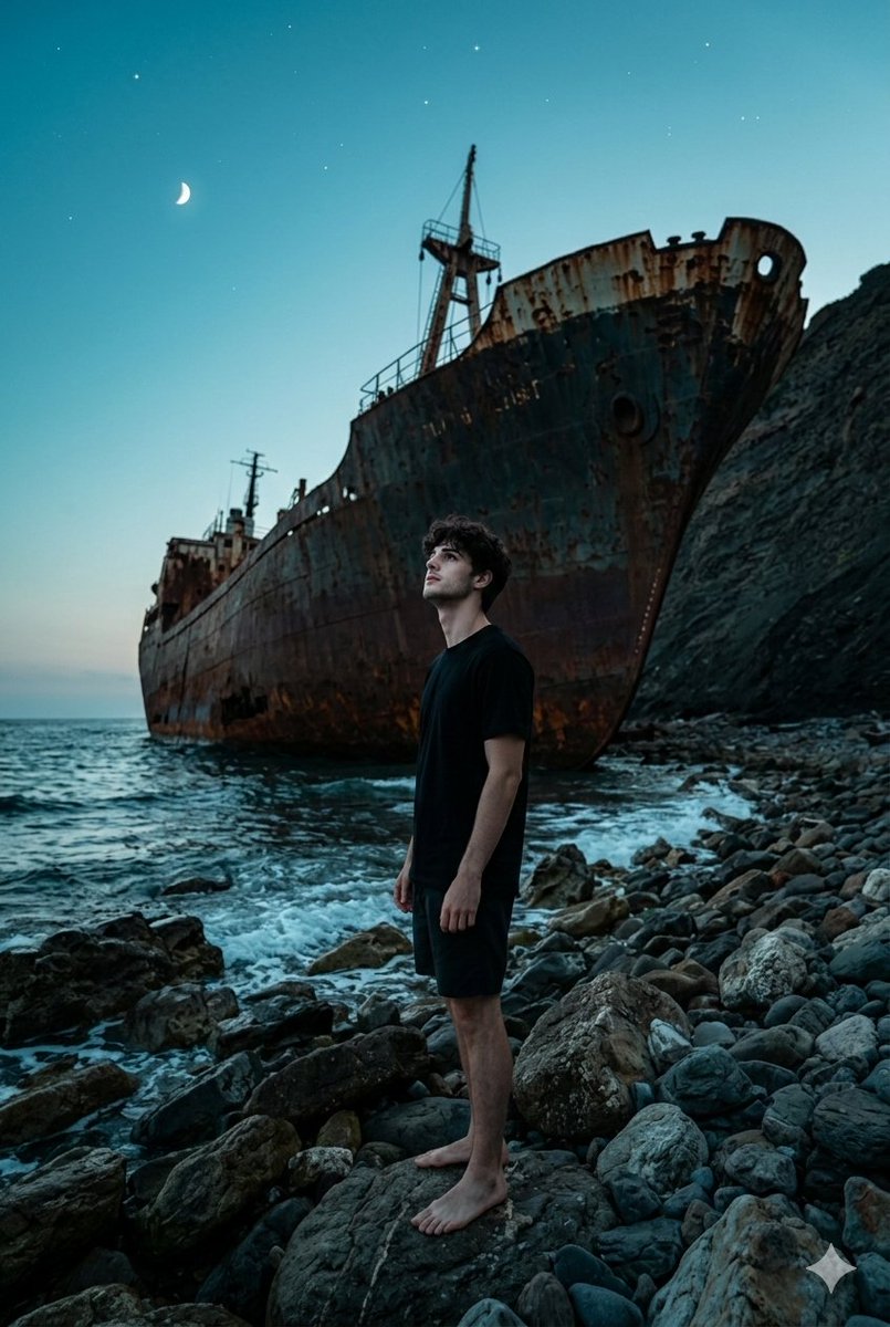 Man Stares at Shipwreck in Twilight's Gripping Moment