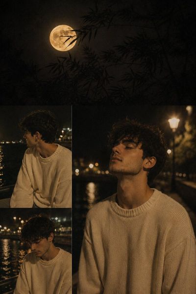 Moonlit bamboo silhouettes frame a young man in an oversized sweater