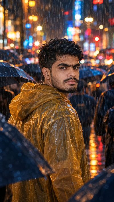 Man in Golden Raincoat Turns Among Umbrellas on Neon-Lit Street