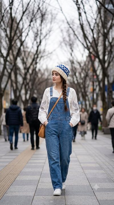A woman in blue denim overalls walks on a tree-lined avenue